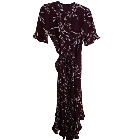 Lulus Wild Winds Burgundy Floral Print High Low Wrap Dress Size S - Picture 3 of 13